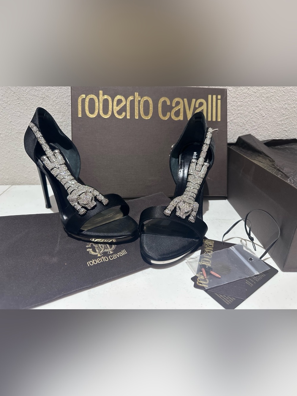 ROBERTO CAVALLI Swarovski Tiger Panther Sandals Heels Black EU 39 US 8.5 or 9